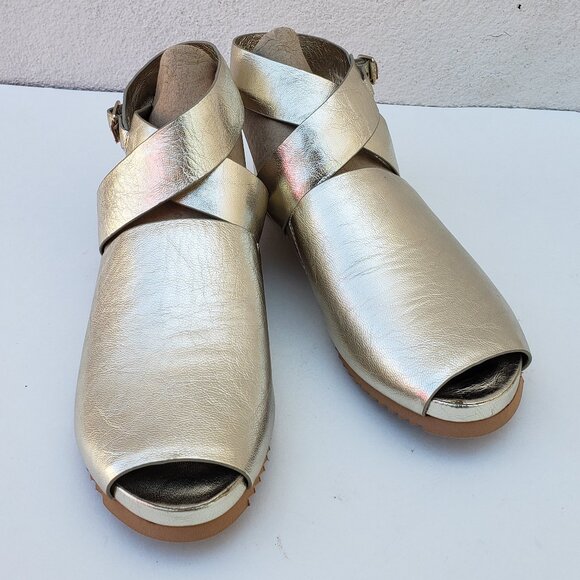 Halston Heritage Shoes - Halston gold peep toe ankle strap crossover Neli sandals